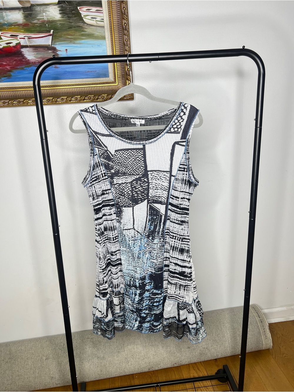 Adore Black & White Sleeveless Patterned Tunic Tank